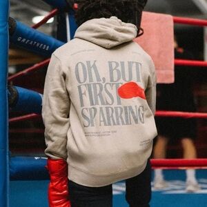 Superare Boxing Beige Sweatshirt Hoodie But First, Sparring Size Unisex Medium